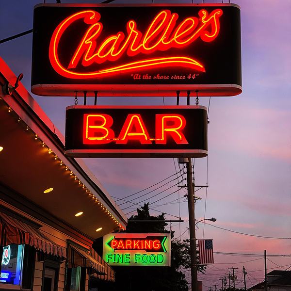 The neon on Shore Road at dusk