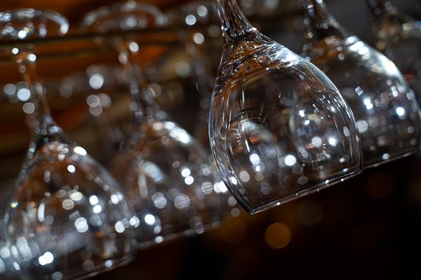 Glassware hanging above the bar