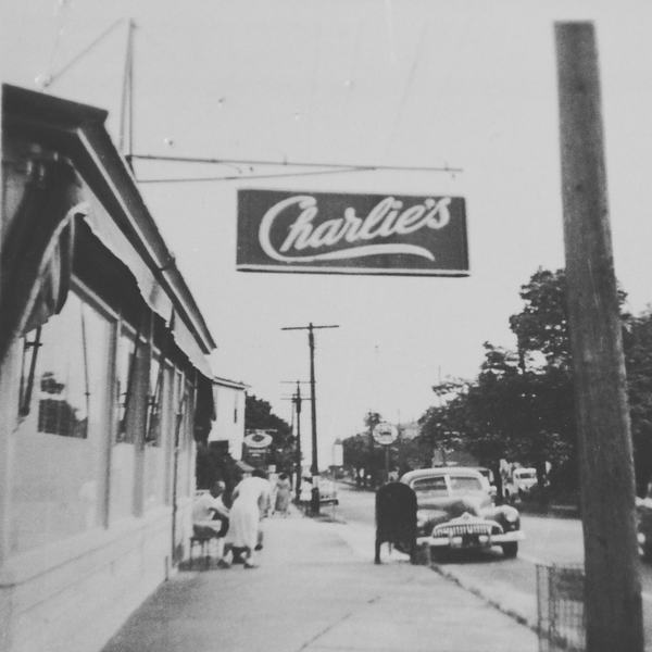 The Charlie's sign over Shore Road, mid-century