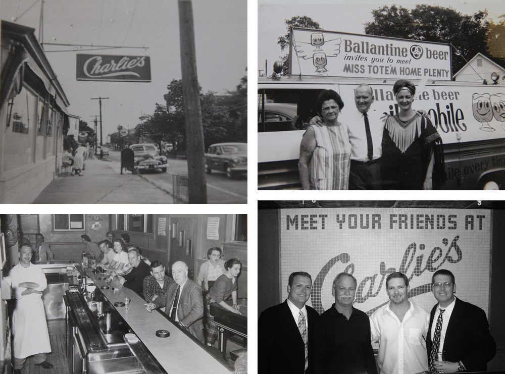 Four photographs from the family archive: the Charlie's sign over Shore Road, three people beside a Ballantine beer truck, a crowded front bar, and four men in front of the "Meet Your Friends At Charlie's" tile wall