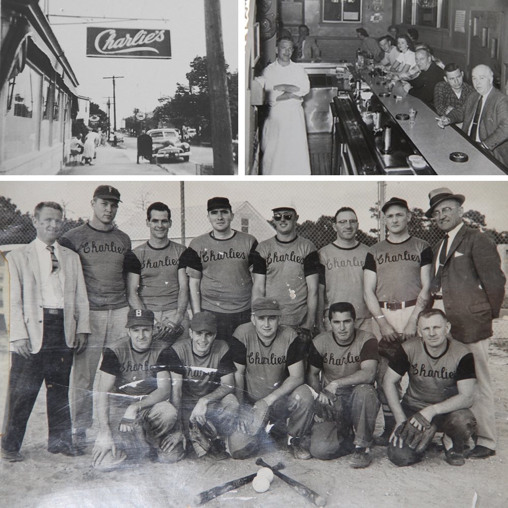 Three archive photographs: Shore Road under the Charlie's sign, the length of the front bar, and the Charlie's-sponsored softball team in their jerseys