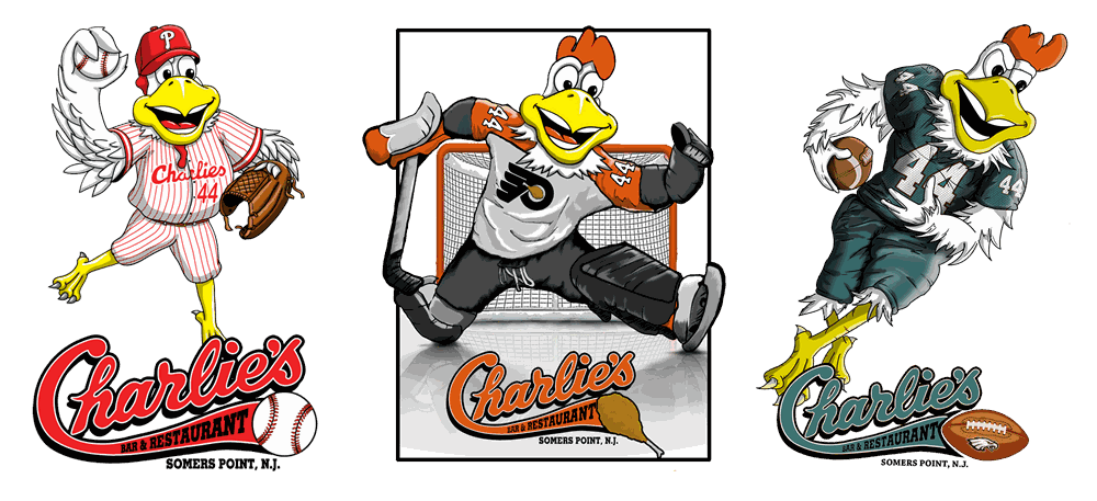 Charlie's wing mascot in Phillies, Flyers and Eagles colours