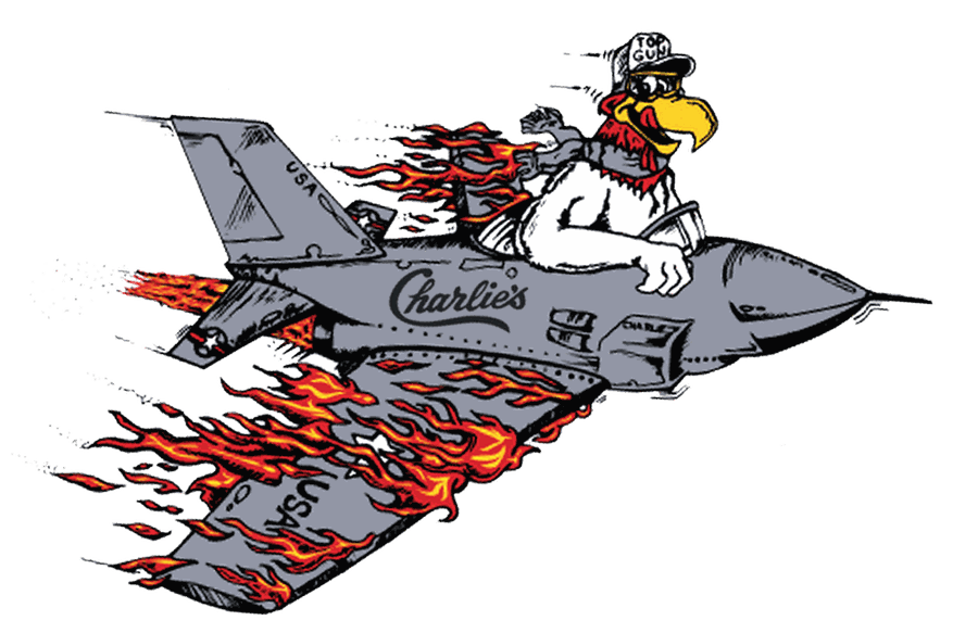 Charlie's Top Gun artwork — the wing mascot flying a fighter jet
